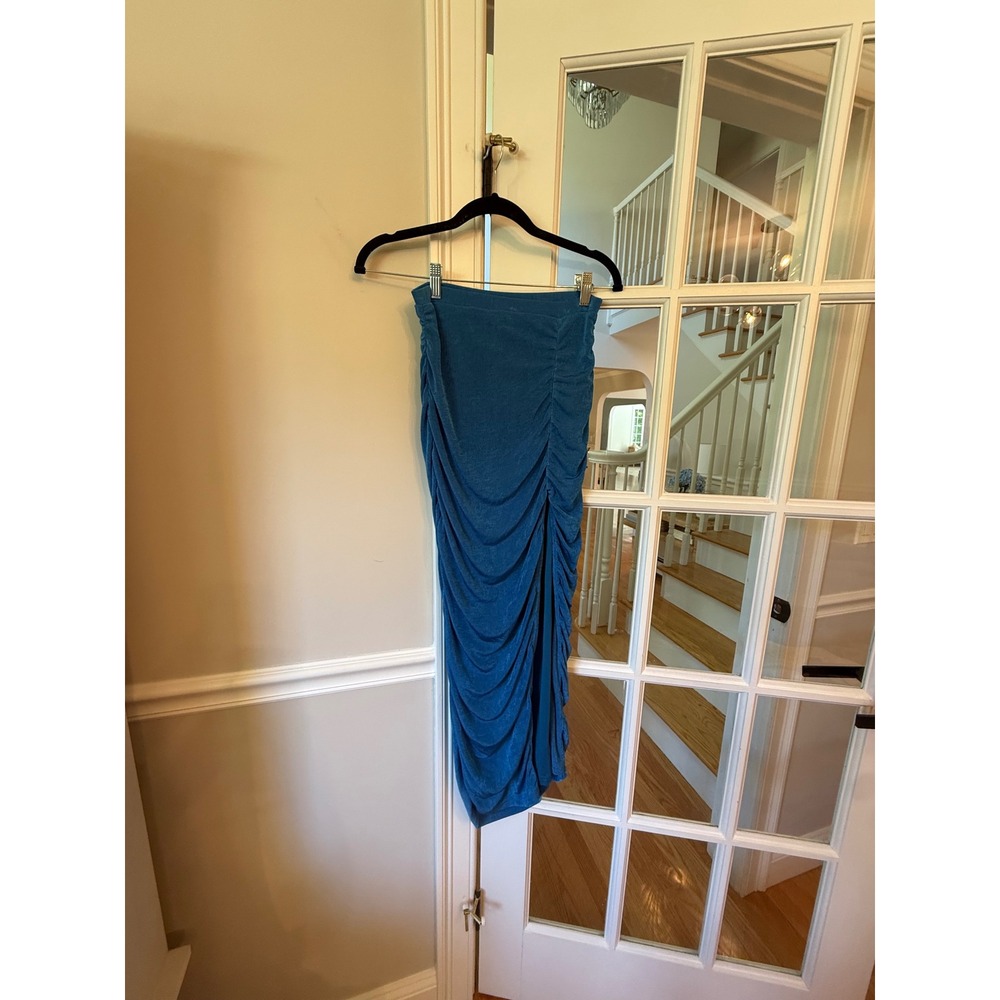 Remi x Revolve Teal Blue Ruched Slinky Knit Midi Skirt XS High Waisted